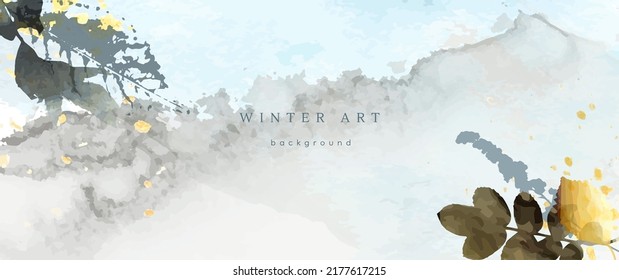 Winter watercolor background. Vector hand drawing texture botanical leaves, flowers. Holiday abstract art design for winter season. Modern card, cover for wedding, invite. Christmas arts decoration.