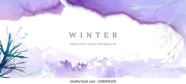 Winter watercolor background. Vector hand drawing texture botanical leaves, flowers. Holiday abstract art design for winter season. Modern card, cover for wedding, invite. Christmas arts decoration.