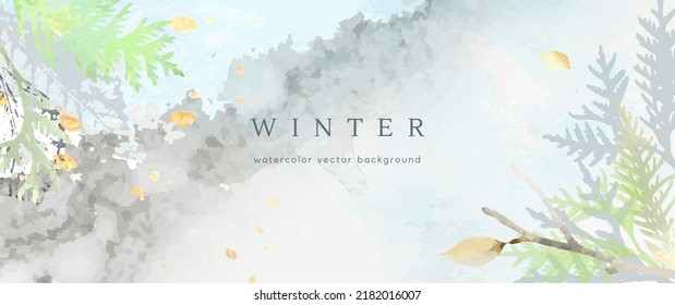 Winter watercolor background. Vector hand drawing texture botanical leaves, flowers. Holiday abstract art design for winter season. Modern card, cover for wedding, invite. Christmas arts decoration.