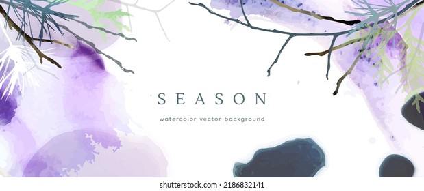 Winter watercolor background. Vector hand drawing texture botanical leaves, flowers. Holiday abstract art design for winter season. Modern card, cover for wedding, invite. Christmas arts decoration.