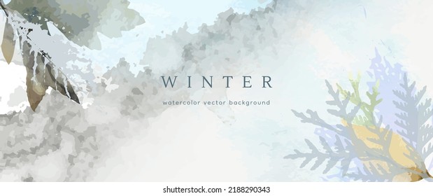 Winter watercolor background. Vector hand drawing texture botanical leaves, flowers. Holiday abstract art design for winter season. Modern card, cover for wedding, invite. Christmas arts decoration.