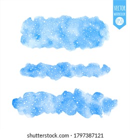 Winter watercolor banners, brush strokes set. Rounded rectangle, stripe shape, uneven edge, sky blue watercolour stains. Dot snowflakes, falling snow texture. Hand drawn painted text frame, background