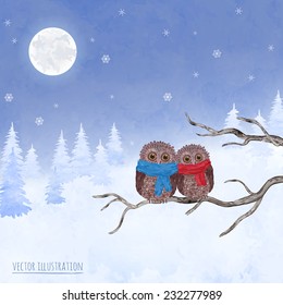 Winter  watercolor card  with owls in a tree and snowflakes