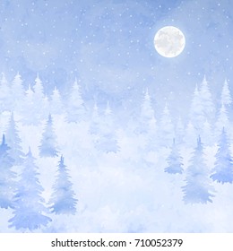 Winter watercolor christmas card. Hand drawn landscape background with falling snow, spruce forest silhouette