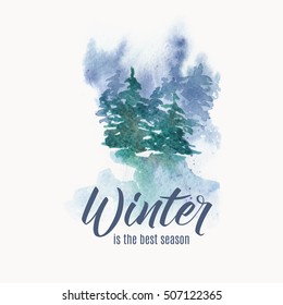 Winter watercolor illustration - landscape with firs. Vector hand drawn design element isolated on white