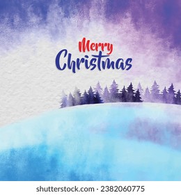 Winter watercolor Merry Christmas card. Hand-drawn landscape background with falling snow