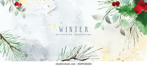 Winter watercolor natural art background with flower and seasonal leaves. Hand-painted watercolor decorative with gold drops. Suitable for header design, banner, cover, web, cards, wall decoration.