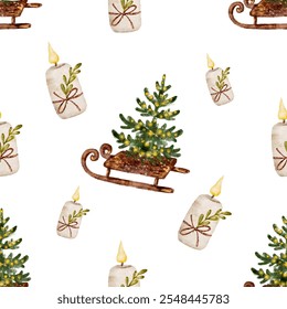 Winter watercolor pattern featuring a sled with a Christmas tree and candles for holiday decor