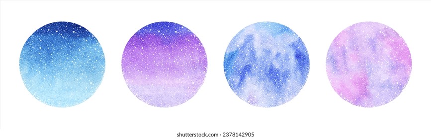 Colores redondos de color de agua de invierno, caída de la textura de los puntos de nieve. Colección de formas de círculo. Navidad, plantilla vectorial de Año Nuevo dibujada a mano con pequeñas motas, flecos, copos de nieve y manchas de acuarela