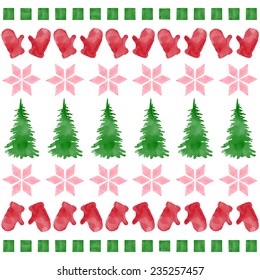 Winter  watercolor seamless pattern with tree and snowflake