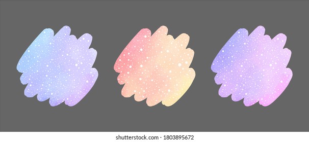 Winter watercolor shapes, text frames set. Round brush strokes, uneven circles with falling snow removable texture. Blue, violet, pink watercolor stains backgrounds. New Year graphic design elements.