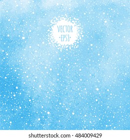 Winter watercolor sky with falling snow splash texture. Christmas, New Year vector background with tiny dots, specks, flecks, snowflakes. Blue watercolour stains template.