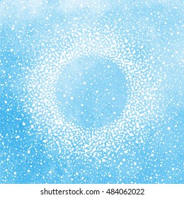Winter watercolor sky with falling snow texture and round frame. Christmas, New Year vector background . Frame made of tiny dots, specks, flecks, snowflakes. Blue watercolour stains template.