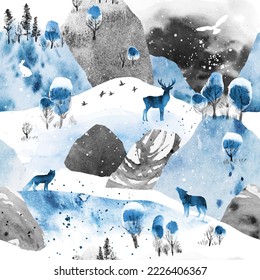 Winter watercolor stylish vector seamless pattern with mountains and animals under night sky in black, blue and white colors. Wild animals silhouettes. Design for textile print, page fill, wrapping 