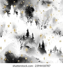 Winterwasserfarbe stylische Vektorgrafik nahtlos mit Wald unter dem Nachthimmel in grauen, goldenen und weißen Farben. Weihnachtsdesign für den Stoffdruck, Seitenfüllung, Umhüllungspapier, Web