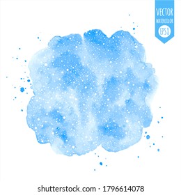 Winter watercolor vector background with falling snow, dot snowflakes texture. Round uneven circle shape, sky blue watercolour stains, splashes. New Year hand drawn painted text frame, design element.