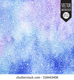 Winter watercolor vector background with falling snow splash texture. Christmas, New Year vector hand drawn template. White snowflakes, shades of blue watercolour stains. Snowflakes are removable.