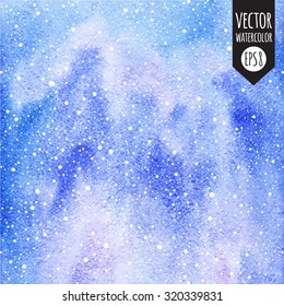 Winter watercolor vector background with falling snow splash texture. Christmas, New Year hand drawn template. Shades of blue and violet watercolour stains. Snowflakes are removable.