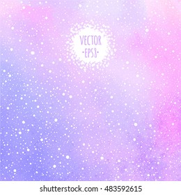 Winter watercolor vector background with falling snow splash texture. Christmas, New Year hand drawn template with tiny dots, specks, flecks, snowflakes. Shades of pink and lilac watercolour stains.