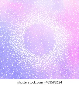 Winter watercolor vector background with falling snow texture and round frame. Christmas, New Year template. Frame made of tiny dots, specks, flecks, snowflakes. Pink and lilac watercolour stains.