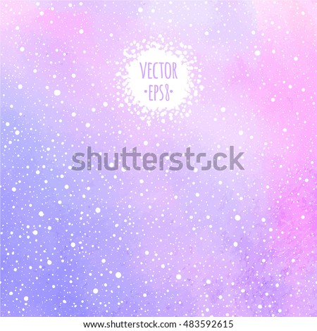 Winter watercolor vector background with falling snow splash texture. Christmas, New Year hand drawn template with tiny dots, specks, flecks, snowflakes. Shades of pink and lilac watercolour stains.
