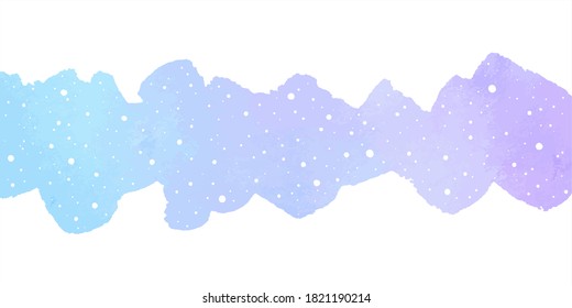 Winter watercolor vector border, uneven stripe, banner template with snow, dot snowflakes texture. Blue, lilac watercolour stains. Brush stroke shape, text frame. New Year hand drawn background.