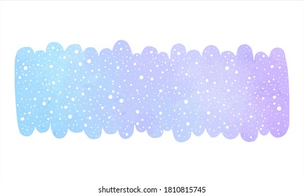 Winter watercolor vector long banner, text frame with falling snow texture. Brush stroke shape, blue, lilac watercolour stains. New Year hand drawn background, border template, graphic design element.