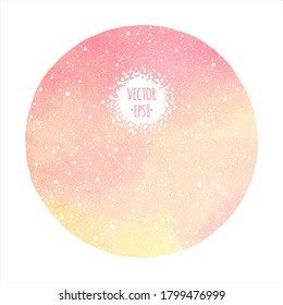 Winter watercolor vector round background with falling snow texture. Circle shape, text frame. New Year, Christmas hand drawn template with tiny dots, blobs, snowflakes. Graphic design element.