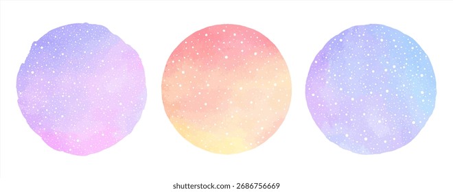 Planos de fundo redondos de vetor aquarela de inverno definidos, quadros de caixa de texto com pontos caindo textura de neve. Forma de círculo irregular, aquarela gradiente céu colorido. Modelos desenhados à mão, elementos de design gráfico.