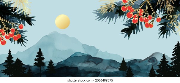 Winter watercolorlandscape with hills, mountains, forest. background. Hand drawn tree, pine branches, red berries, golden sun. Christmas, New Year  mood forest landscape. Frame with copy space.