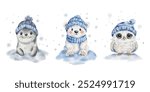 Winter watercolour cute animals collection. Watercolour seal, polar bear and owl in a blue hat. Vector set of winter characters for children