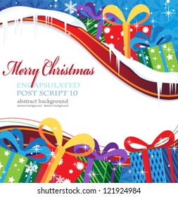Winter wavy background with bright gift boxes and bows
