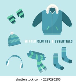 Winter wear, fur leather jacket, Knit socks, Gloves, scarf, fur headgear. winter vector elements.