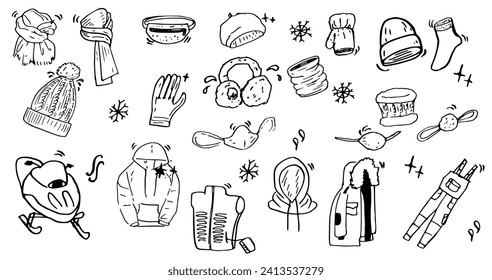 Winter wear hand drawn ink vector set. Nose warmer, heater vest, Parka, hat, gloves, snood, banana bag, snow bike