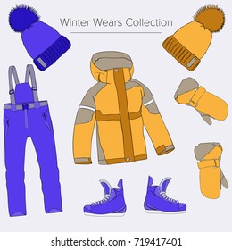 Winter Wear Illustration Set. Hat, Winter Jacket, Snow Pants, Gloves, Boots On The White Background 