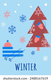 Winter weather contrast poster with text Winter in flat geometric style. Vector modern illustration with fir tree, snowflakes, hat and skis for banner or poster