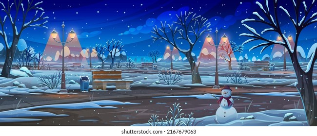 Winter weather, lightning, snowy and snow at night. snow falls and snowman, winter weather. Night view of city park vector illustration. Evening park or garden with trees and benches