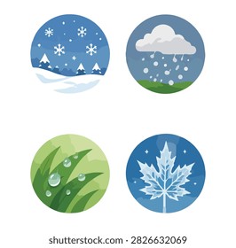 Winter weather and natural elements flat vector illustration icon set in circular badges. Detailed icons depicting snowy landscape with pine trees and falling snowflakes, storm cloud with hail precipitation falling over green field, fresh green grass leaves with morning dew water drops, and icy frozen maple leaf with frost crystals isolated on white background.