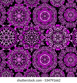 Winter weather. Seamless pattern with snowflakes. Winter background. Winter mood background. Blow snow texture pattern on black background. Windstorm. Abstract snowstorm with magenta, pink snowflakes.