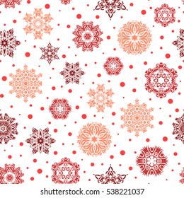 Winter weather. Winter snowfall background. Blow snow texture pattern on white background. Abstract snowstorm with orange and red snowflakes. Seamless pattern with snowflakes. Winter mood background.