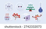 Winter weather theme vector illustration item pack contains snowflake, snowball, snowtree, cold therm, hot choco, cranberry, ice cube and snowman.
