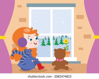 Winter weather vector concept: Little daughter looking snow while sitting with her teddy bear near the window 