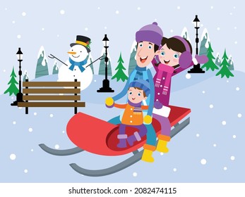 Winter weather vector concept: Young parents and little boy playing on the sleigh while enjoying holiday time 