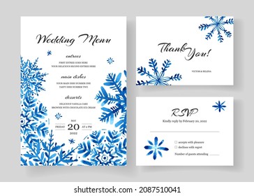 Winter wedding cards design set with watercolor snowflakes. Rsvp, menu, thank you, set. Hand painted.