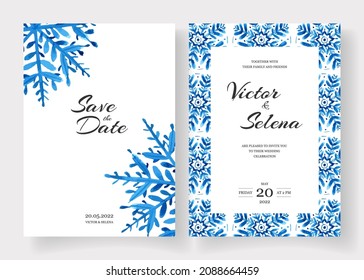 Winter wedding cards design set with watercolor snowflakes. Save the date