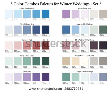 Winter Wedding Color Palettes Set 2 - 3d Marriage 5 Colour Combo, Color Schemes with Hex Codes and Names, Colour Swatches and Combinations