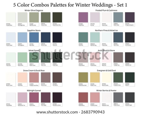 Winter Wedding Color Palettes Set 1 - 3d Marriage 5 Colour Combo, Color Schemes with Hex Codes and Names, Colour Swatches and Combinations