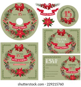 Winter wedding design template set .Christmas decor,ribbons,poinsettia,fir branches , cones,berries,border. Cute cartoon wreath in retro style.Wedding invitation,cd,dvd,Thank card,RSVP card.Vector