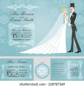 Winter wedding design template set.Retro bride and groom on Falling snowflake background.Wedding invitation.save date,RSVP card,tag. Vector