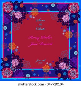 Winter wedding frame with red, pink, blue and white snowflakes and stars and magenta background.  Square label text place. Vintage vector illustration.